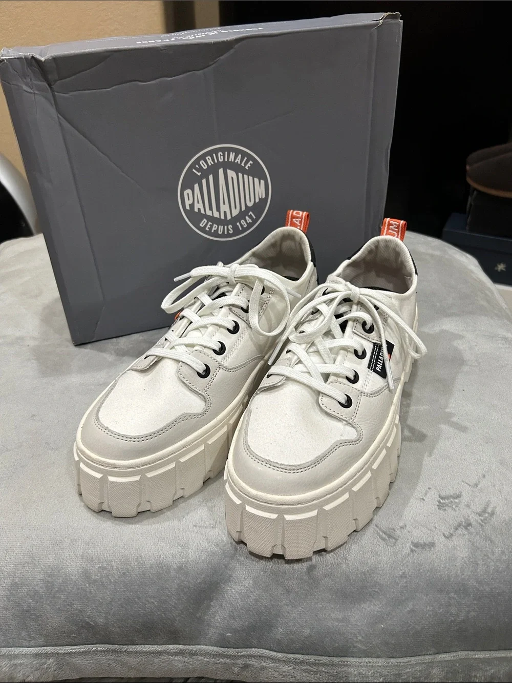 Palladium Women's Cream Platform Lace-Up Shoes with Orange Heel Tab